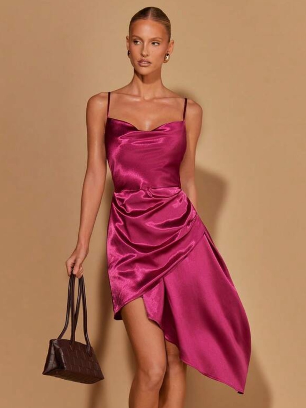 Corina Satin Magenta Asymmetrical Midi Dress NEW 🏷️
